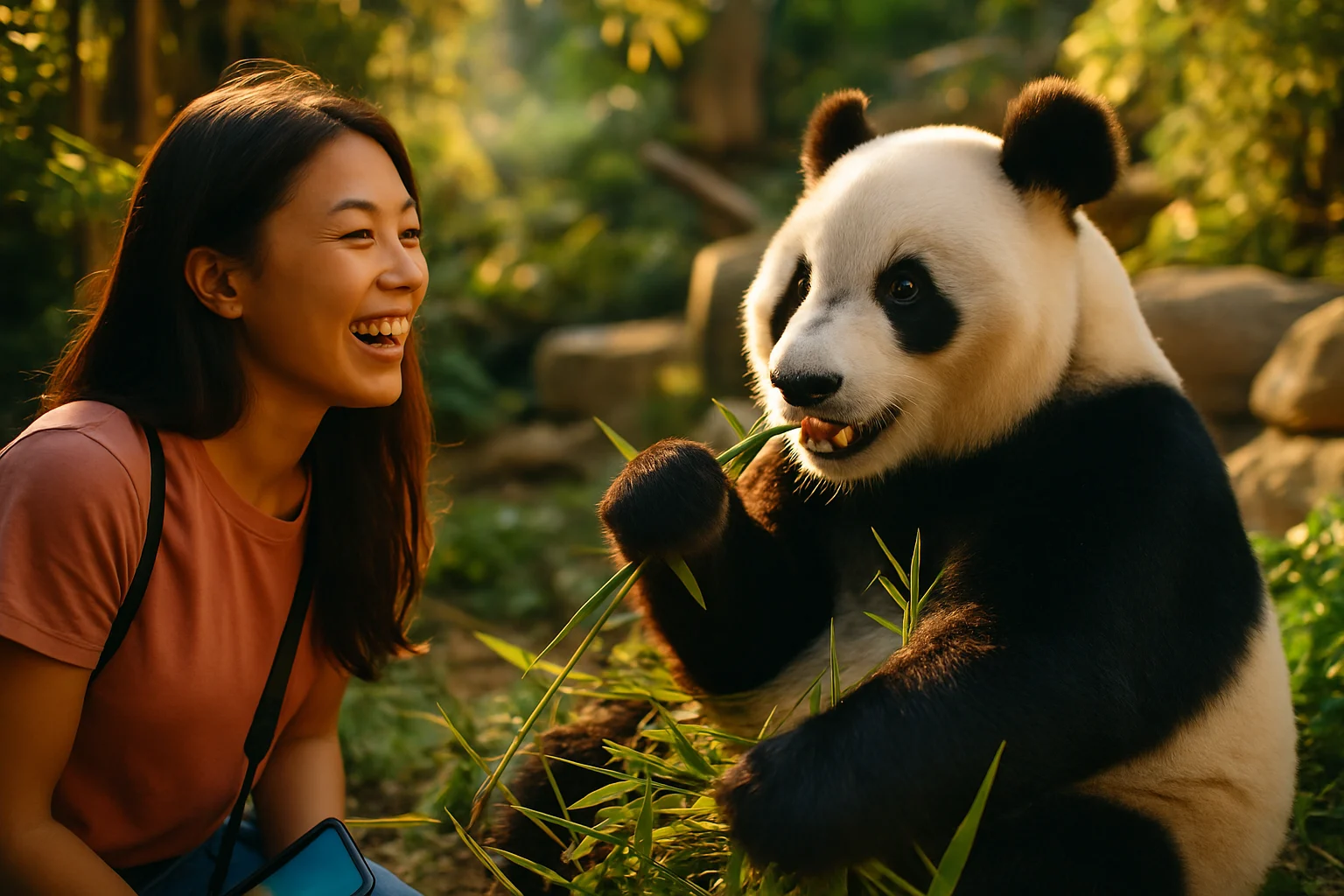 大貓熊在動物園竹林區悠閒吃竹子的畫面
