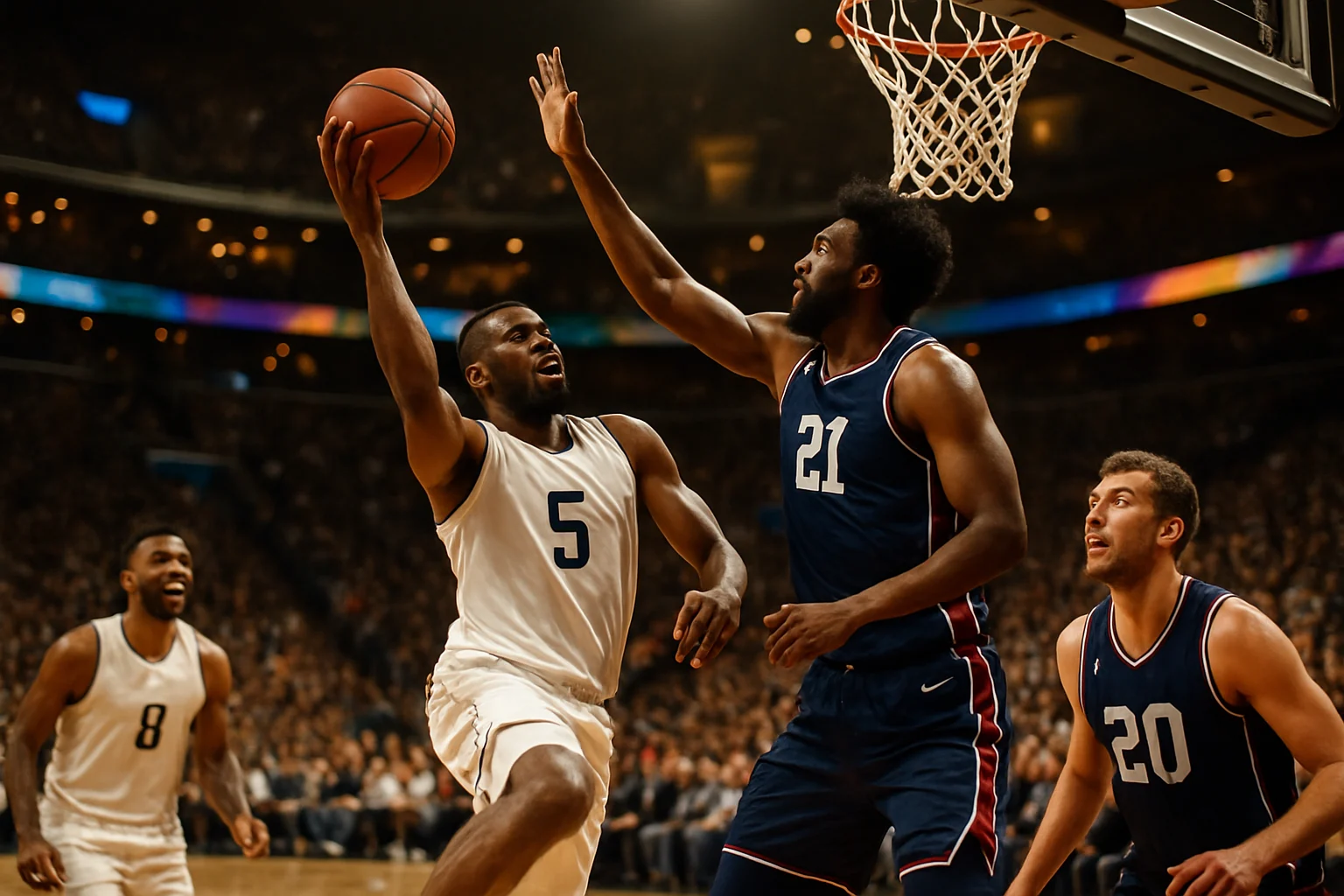 NBA球場上灰狼隊和活塞隊球員激烈爭搶籃板球的場面