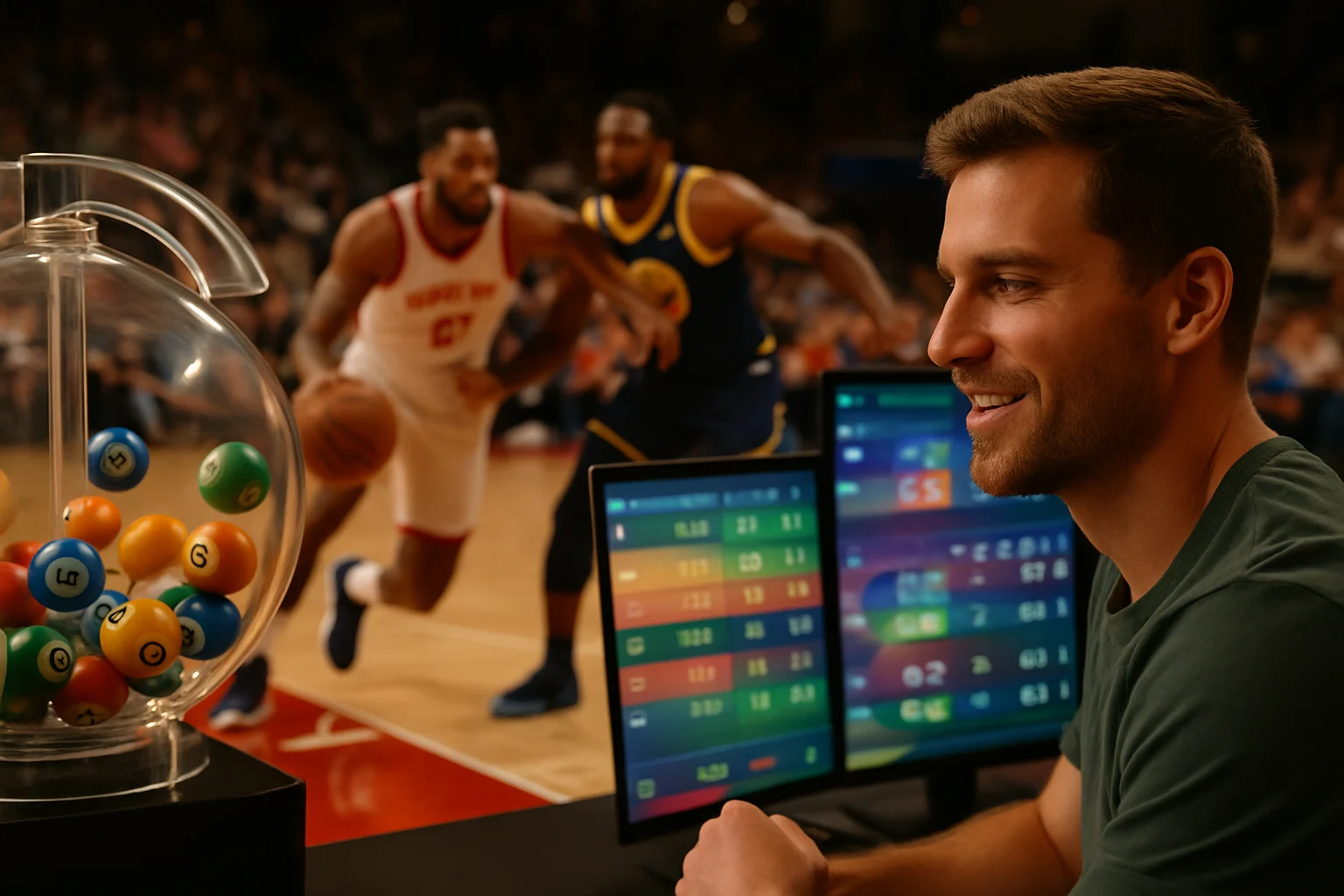 運彩投注站內球迷聚集觀看NBA比賽直播的熱鬧場景