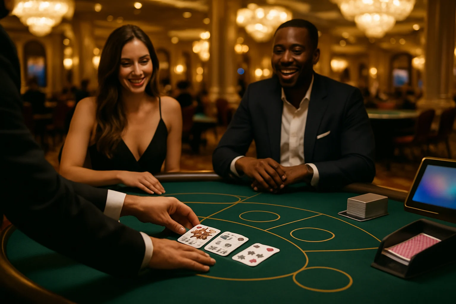 豪華賭場百家樂賭桌實景,展示真人荷官發牌場景